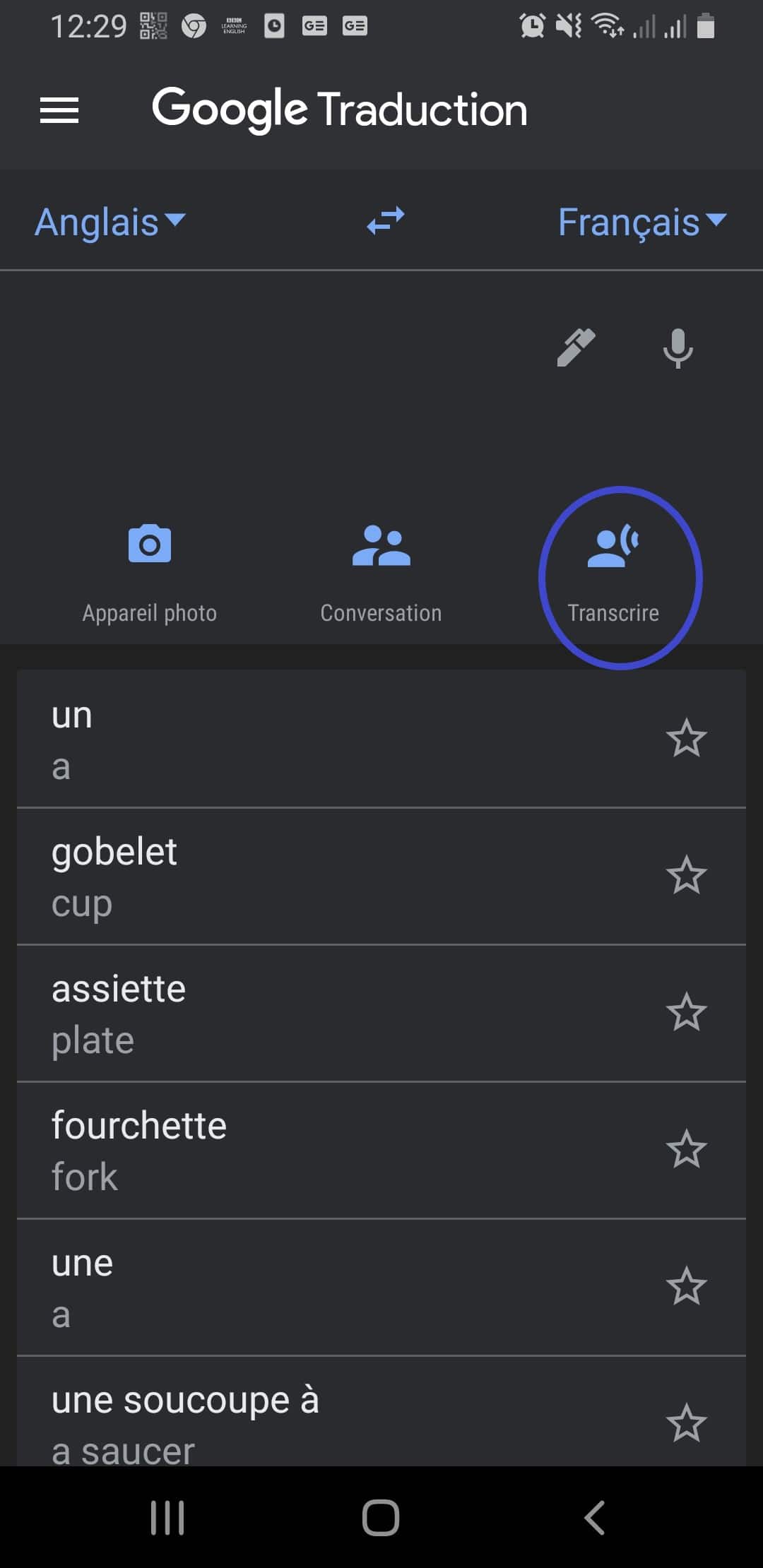 Capture d'écran Google Translate sur un smartphone pour la traduction instantanée GOOGLE MEET